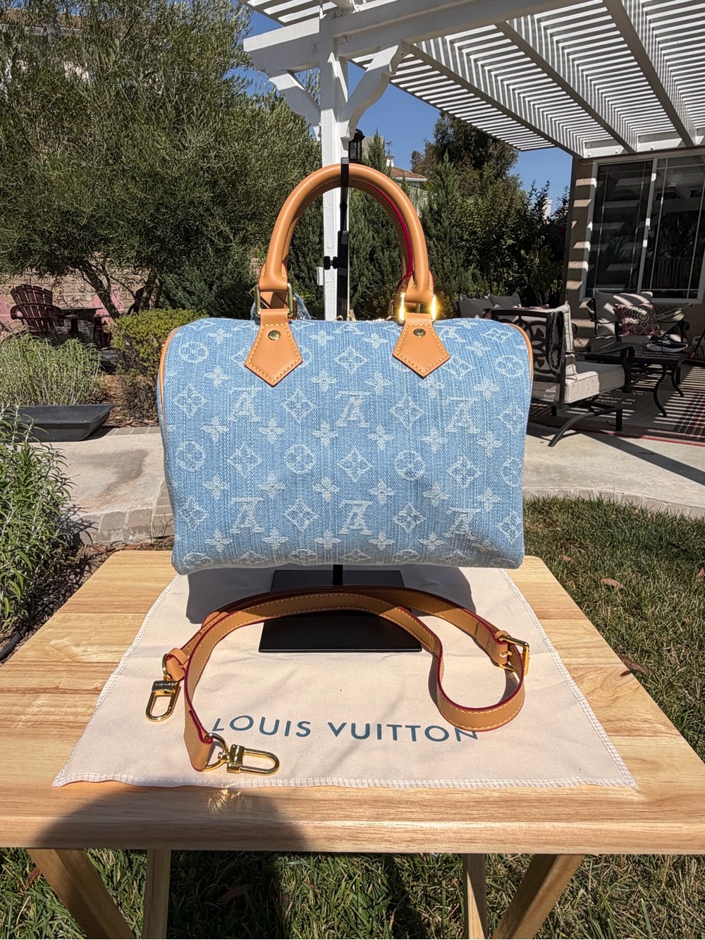 NEW LV Print Speedy Denim Monogram Satchel HandBag Blue Tan & Gold Lock Key - Picture 7 of 16